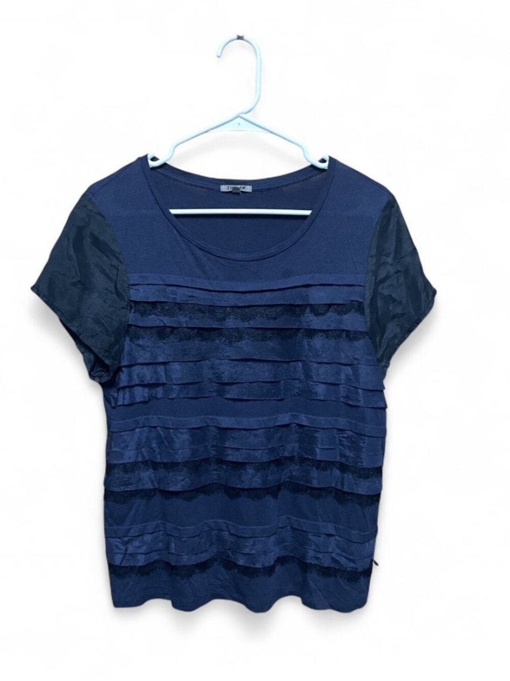Vintage 2000s Jigsaw Top Silk Blend Shirt Lace Navy and Black Ruffle Details, L